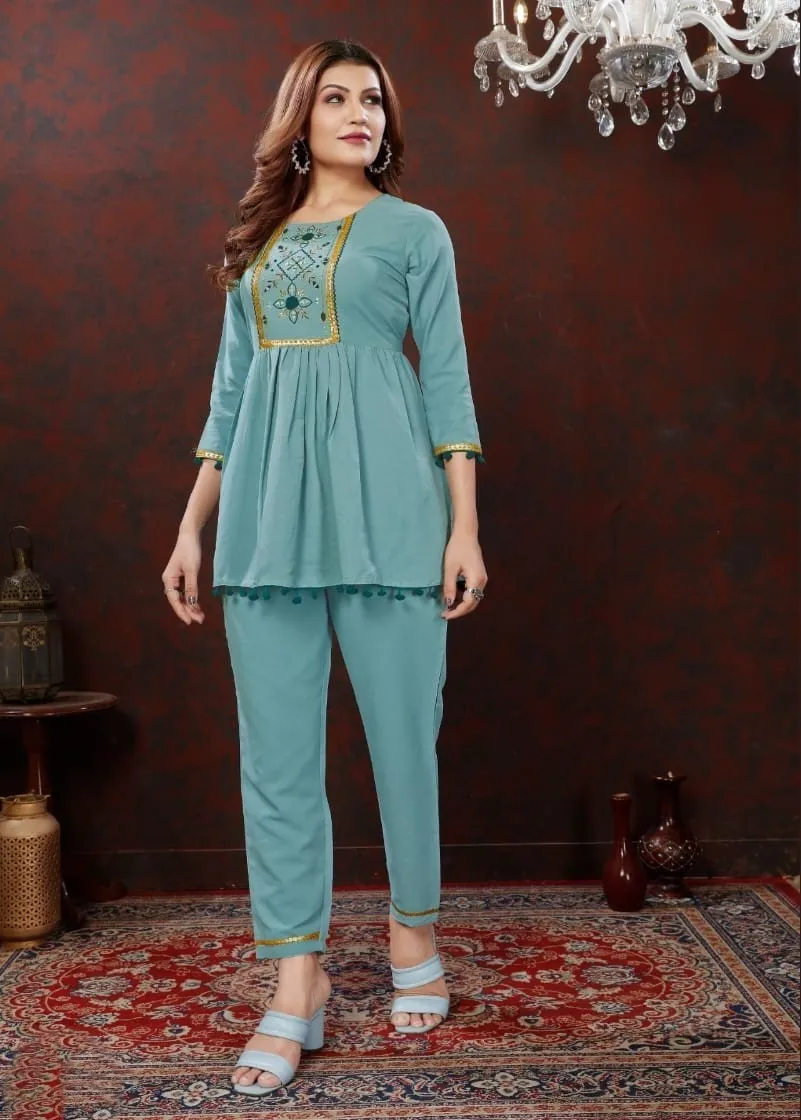 Dusty Turquoise Embroidered Cotton Co-ord set